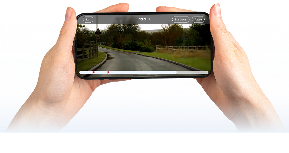 LUMA app hazard perception test showing CGI driving scenario on phone held in hands