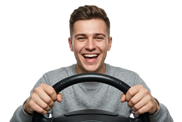 Man with LUMA app holding steering wheel