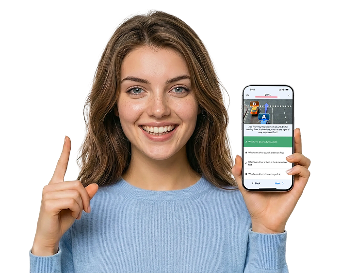 Woman using LUMA driving theory app